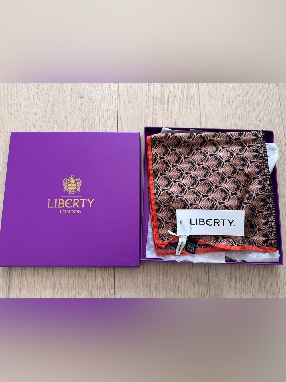 Liberty London 100% Silk Neckerchief, NWT, peach, brown, black, coral, 16.5”